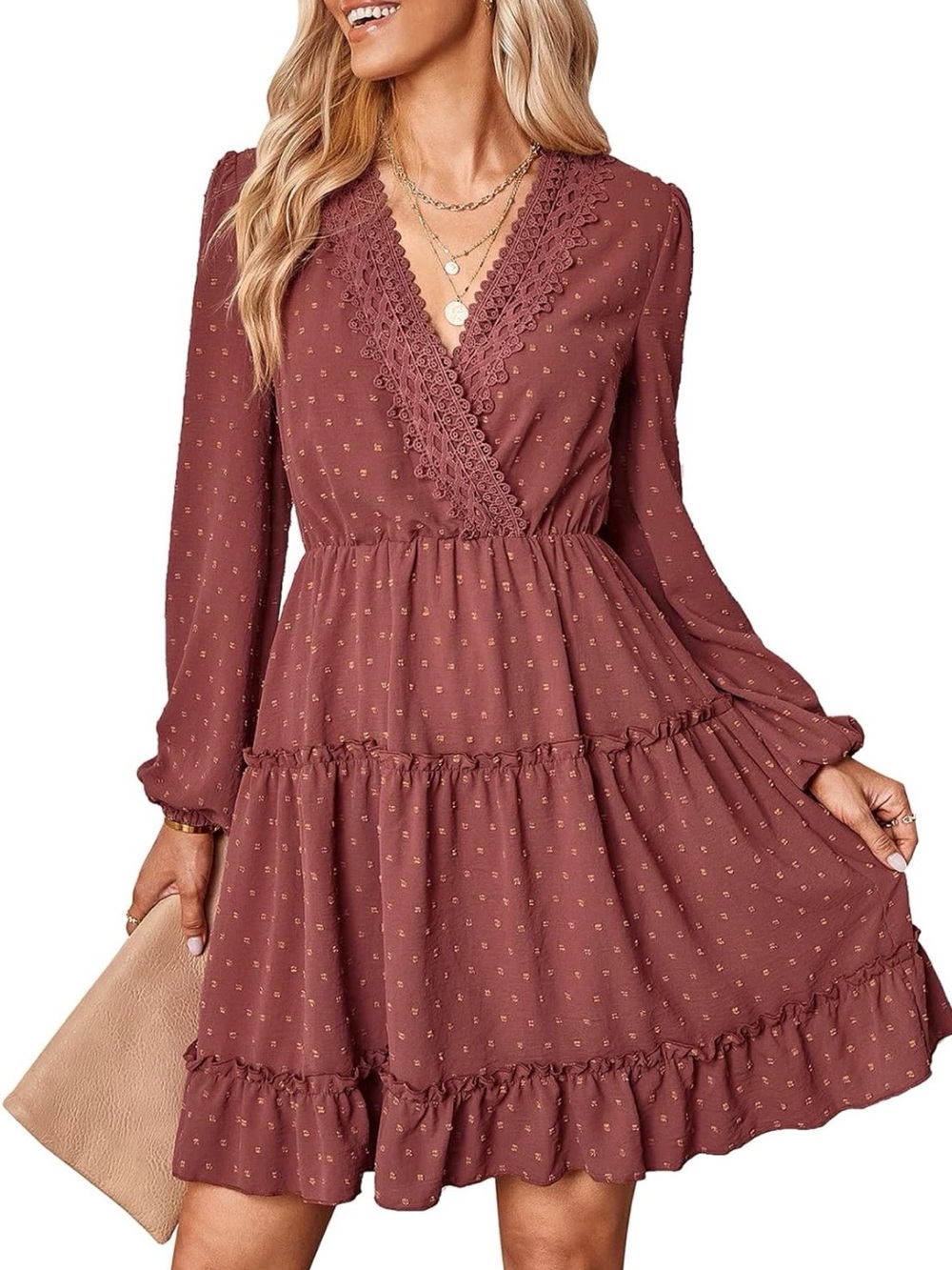 Bipaison Swiss Dot Dress for Women V Neck Long Sleeve, Flowy A Line Mini Dress